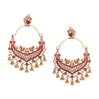 Gold-Plated & Red Peacock Shaped Drop Earrings