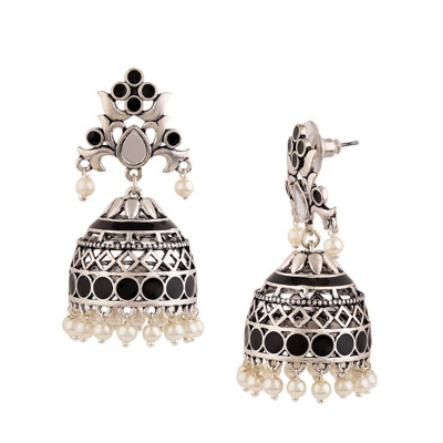 Silver-Plated Oxidized Geometric Jhumkas Earrings